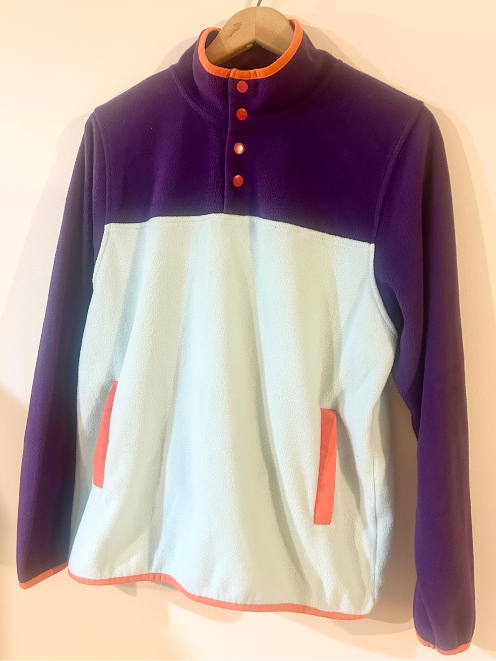 Simon’s Twik Colorblock Snap-Button Fleece Pullover • Mint & Purple • Medium